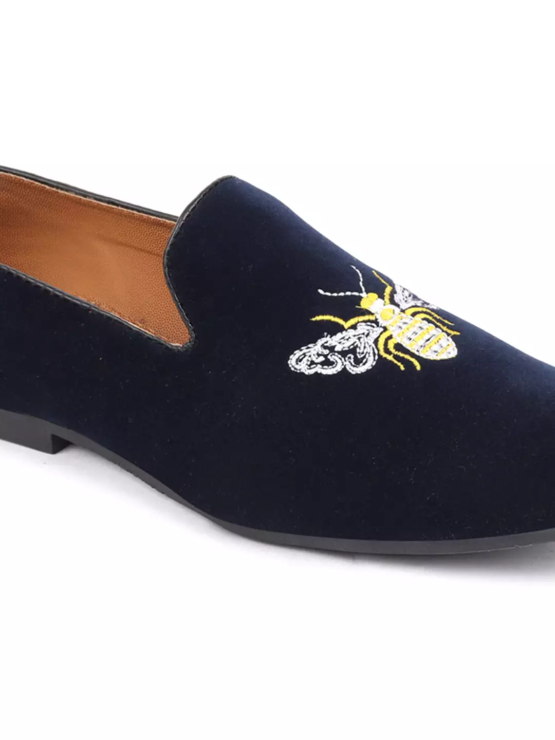 Men Blue Velvet Bee Print Embroidery Slip On Party Loafers