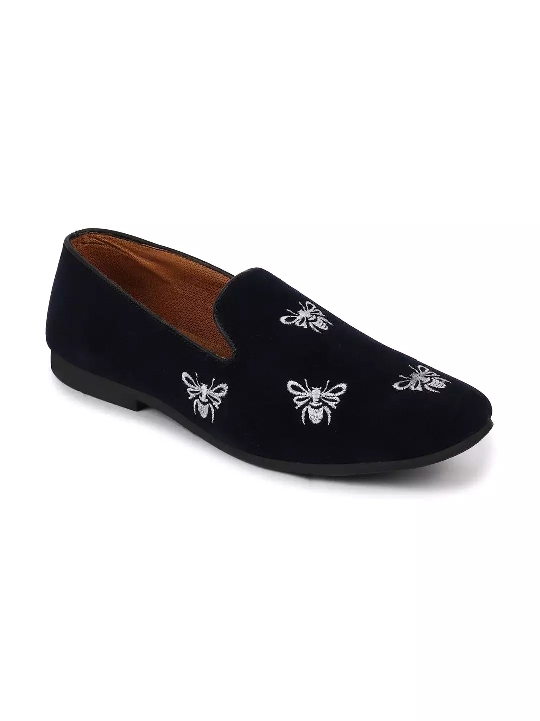 Men Blue Velvet Bee Print Embroidery Slip On Party Loafers