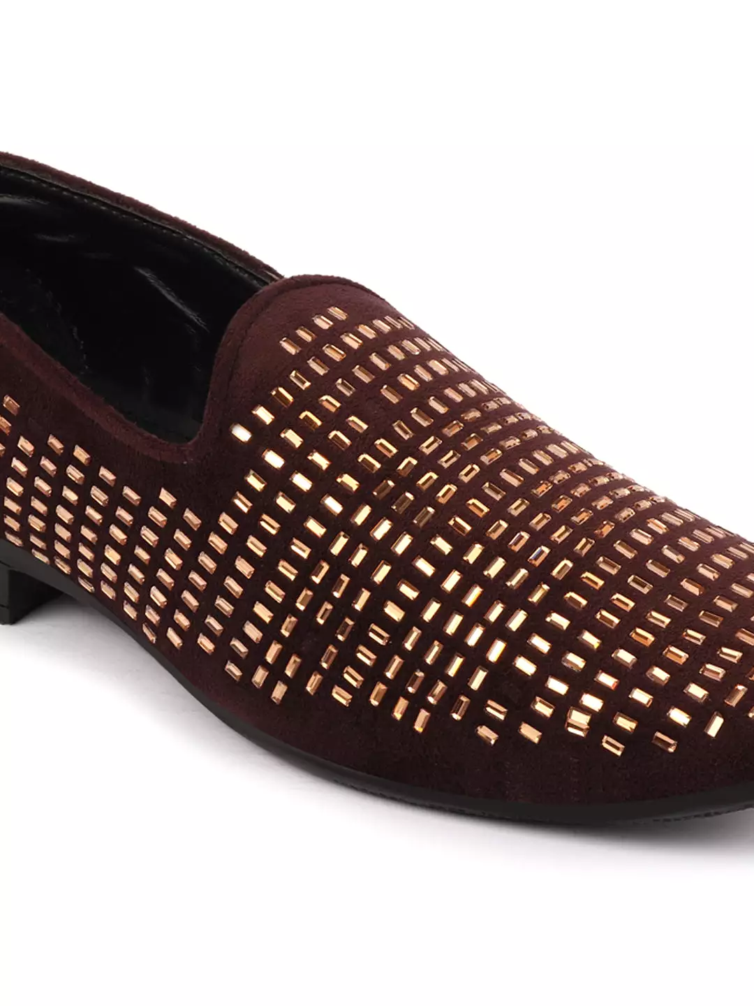 Men Brown Embellished Design Velvet Slip On Party Loafers Shoes