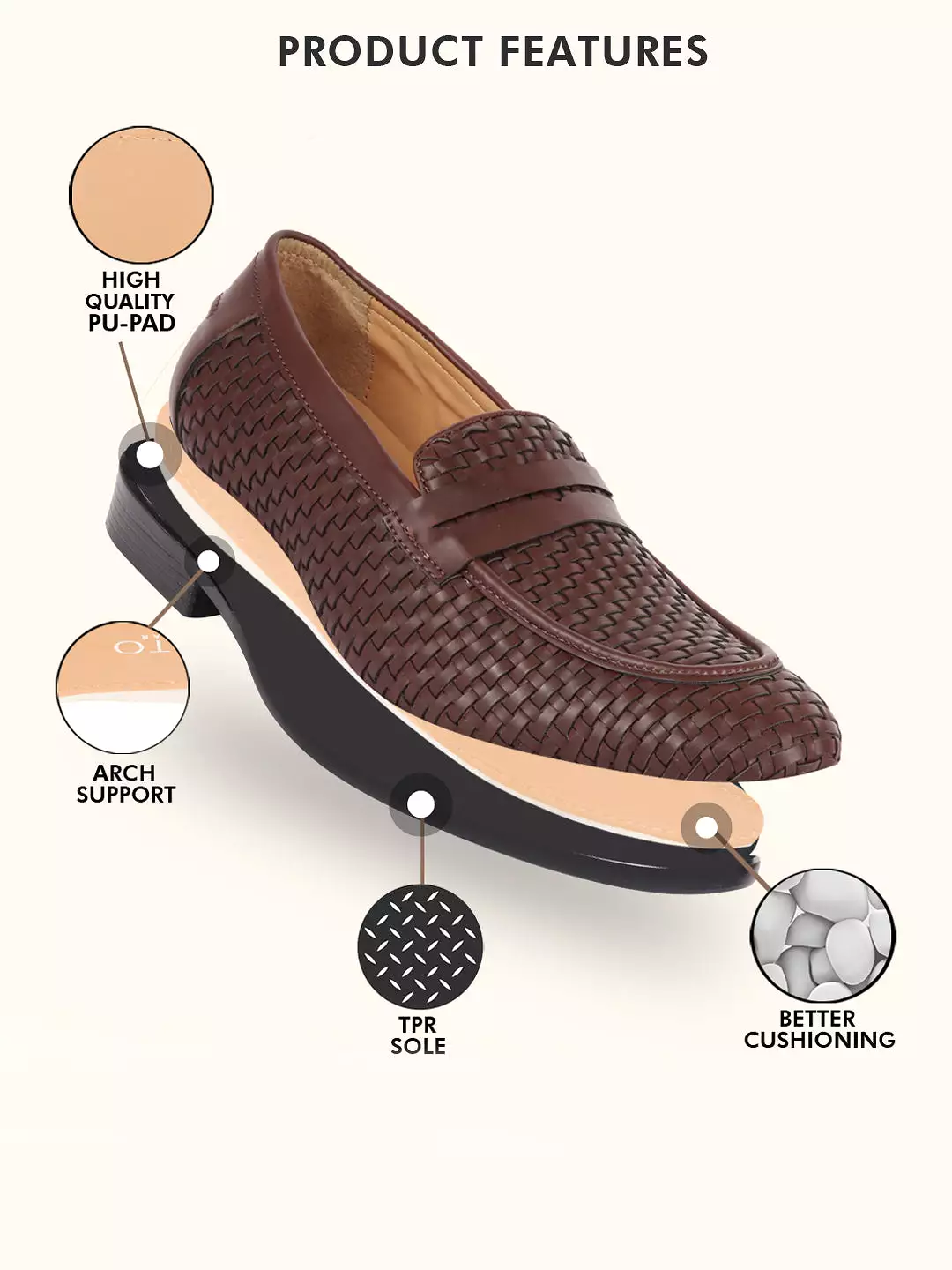 Men Brown Hand Knitted Design Penny Loafer Slip On Shoes