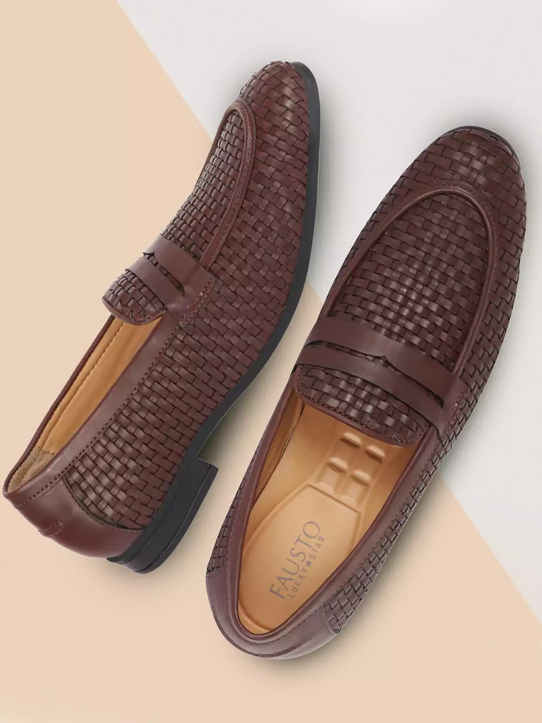 Men Brown Hand Knitted Design Penny Loafer Slip On Shoes