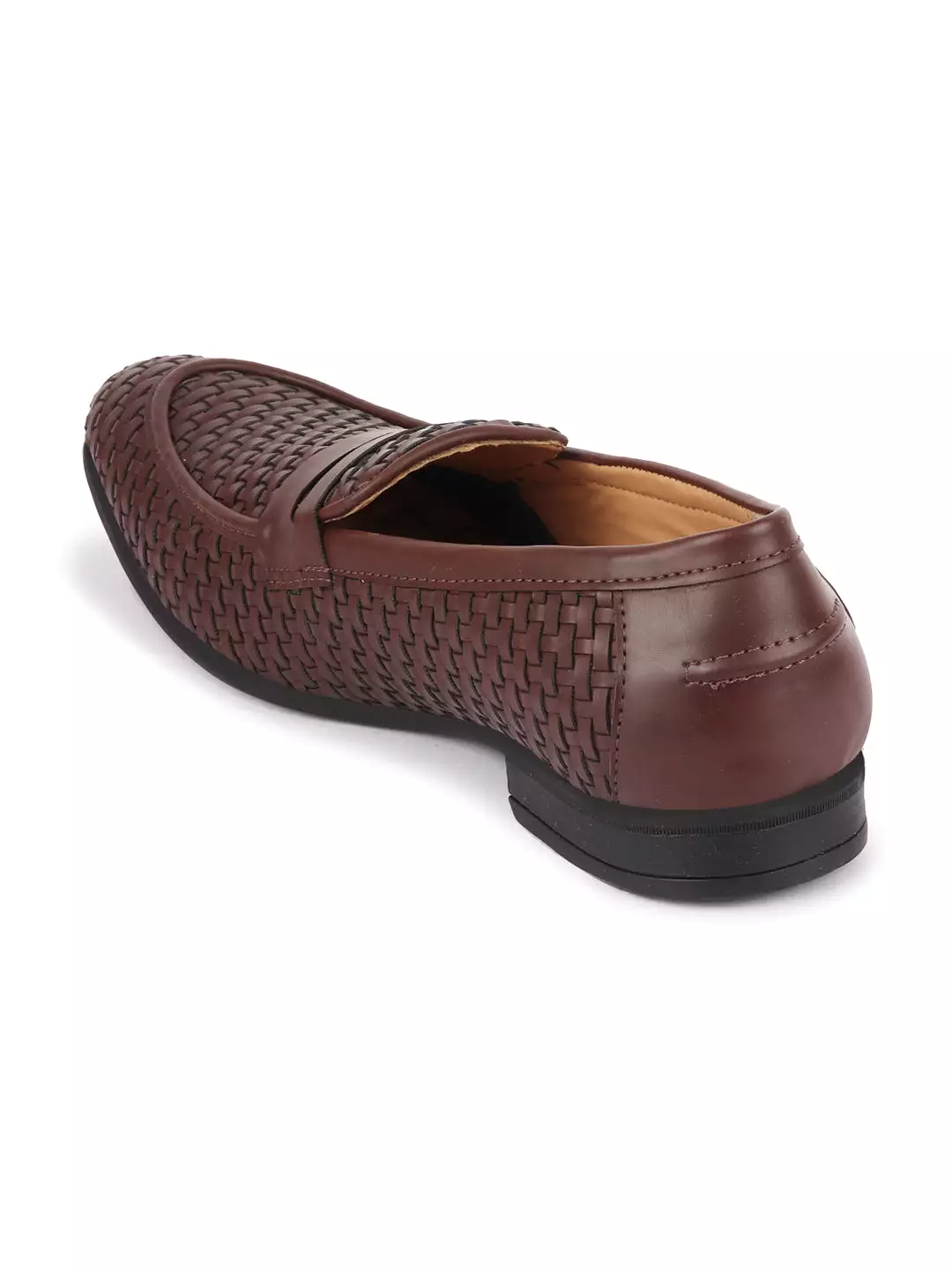 Men Brown Hand Knitted Design Penny Loafer Slip On Shoes