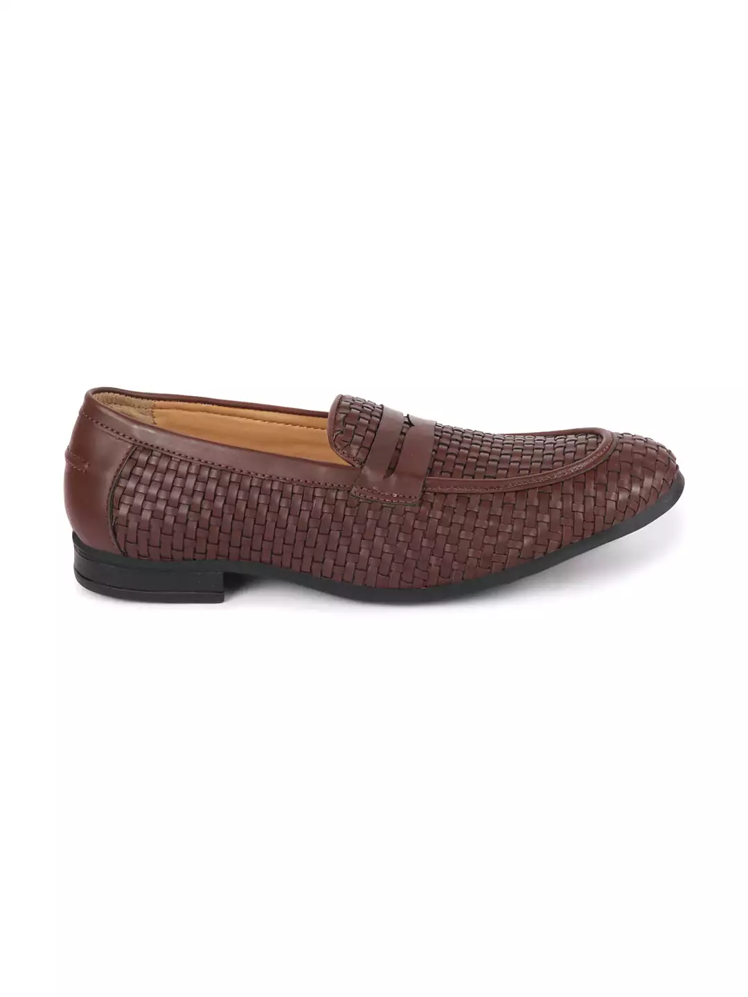 Men Brown Hand Knitted Design Penny Loafer Slip On Shoes