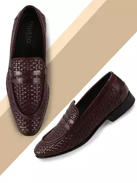 Men Brown Hand Knitted Slip On Penny Loafers