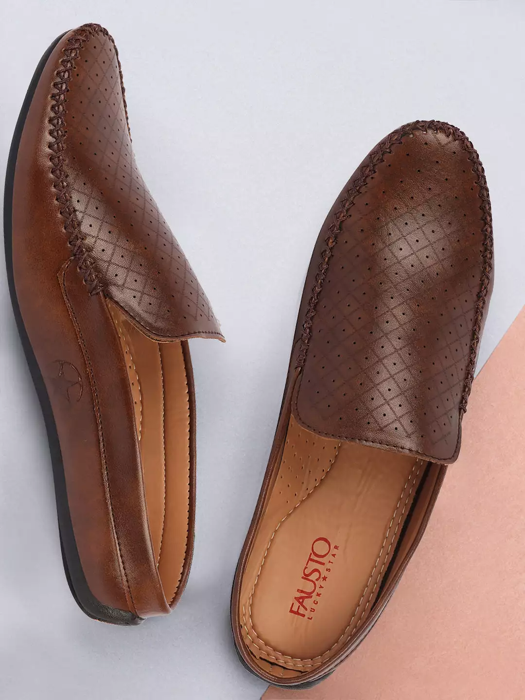 Men Brown Stitched Block Design Pattern Back Open Slip On Loafer Shoes