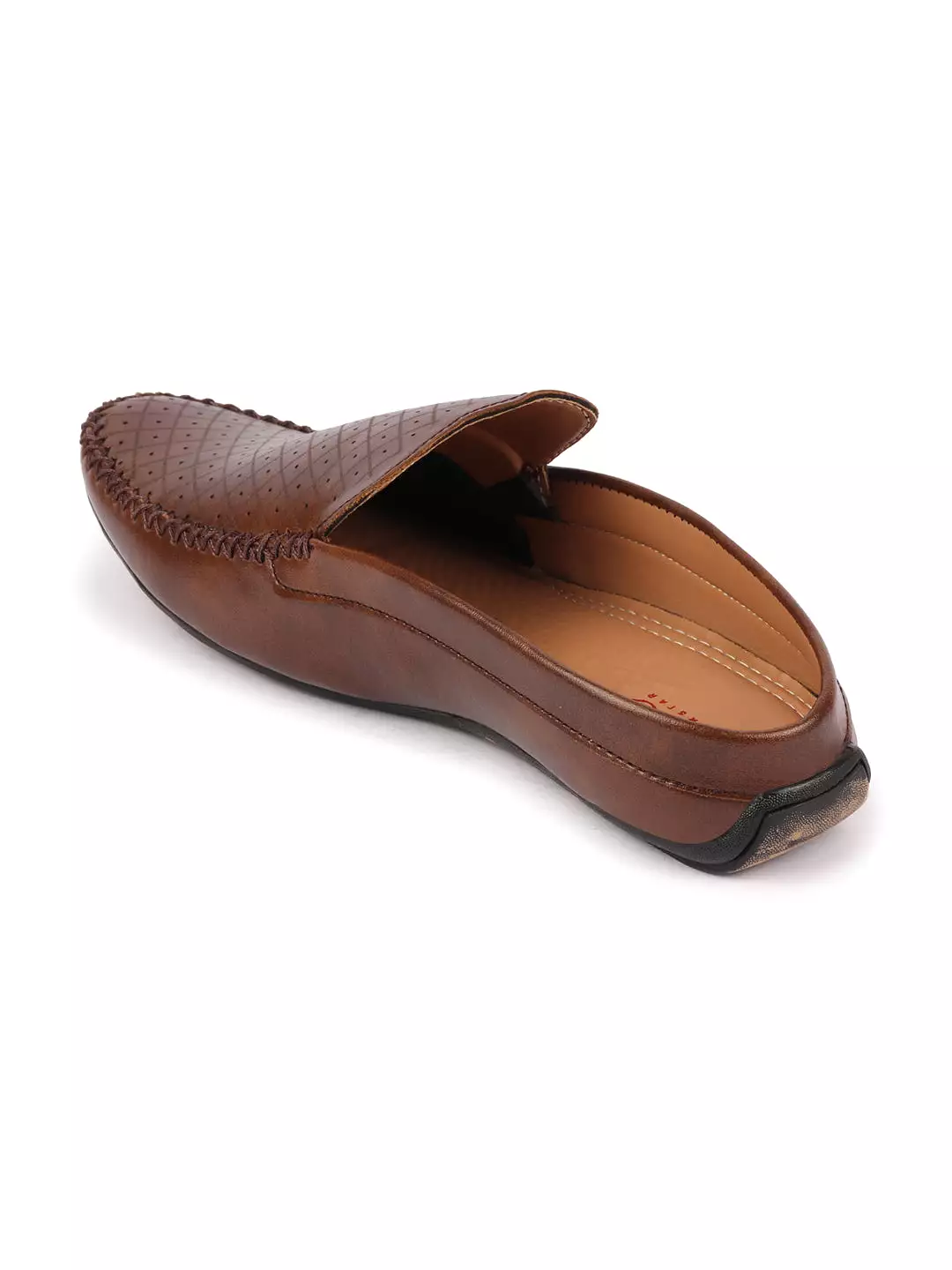 Men Brown Stitched Block Design Pattern Back Open Slip On Loafer Shoes