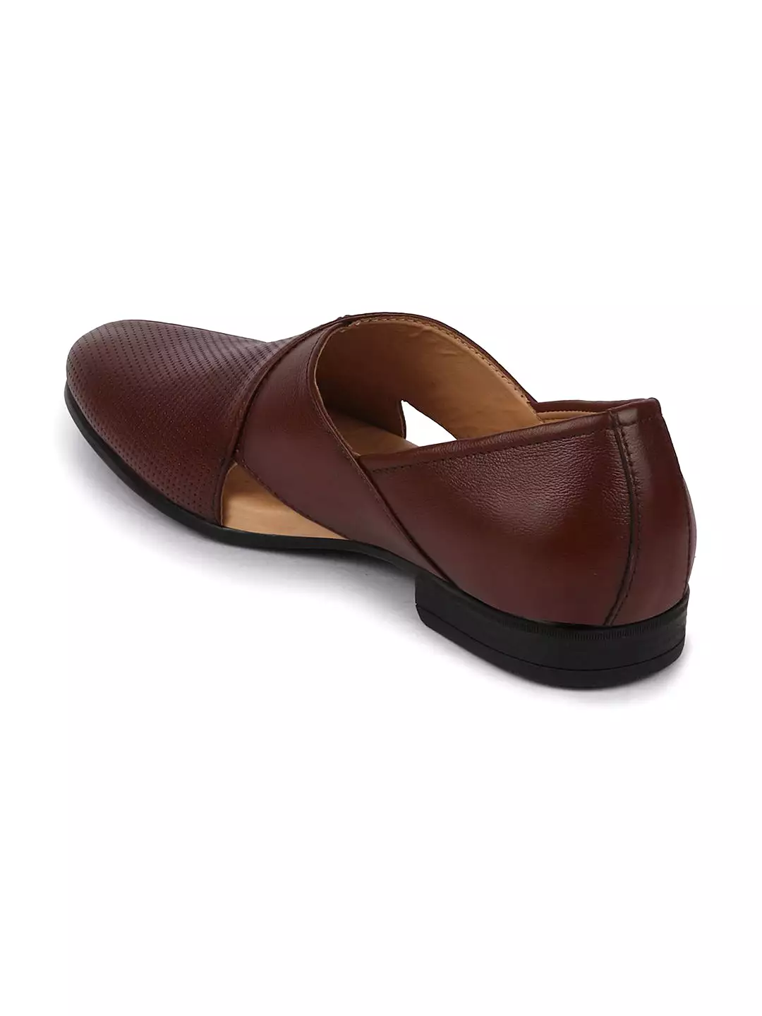 Men Formal Tan Peshawari Front Open Leather Slip On Shoes