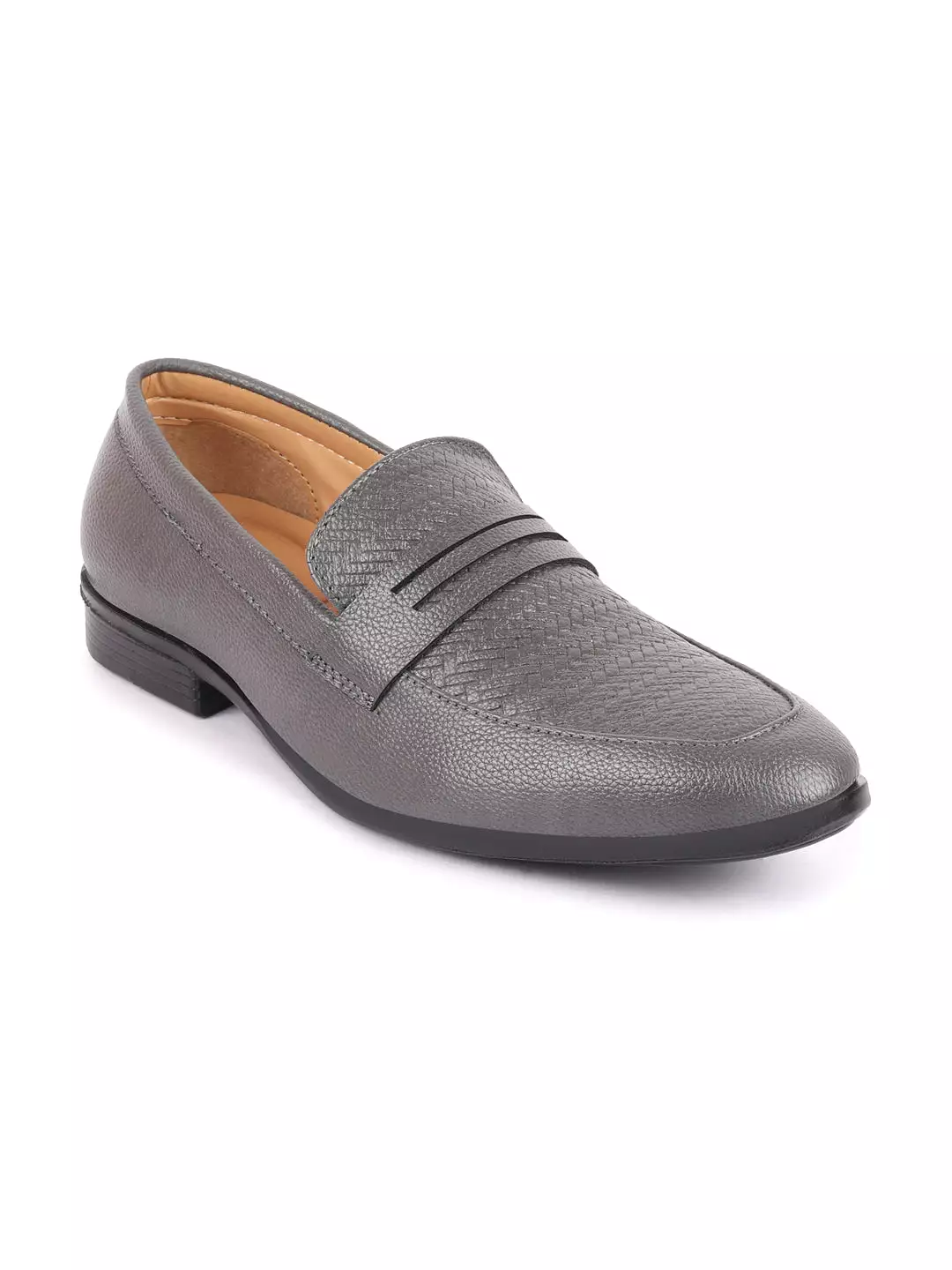 Men Grey Textured Print All Day Comfort Formal Party Penny Loafer Slip-On Shoes