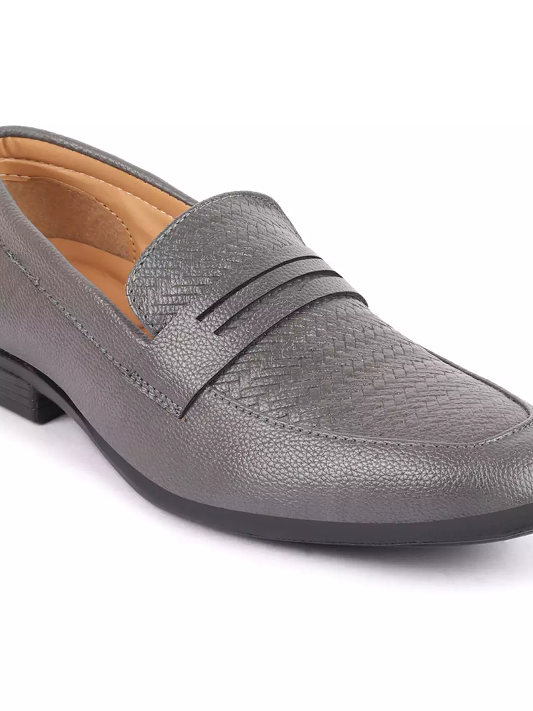 Men Grey Textured Print All Day Comfort Formal Party Penny Loafer Slip-On Shoes