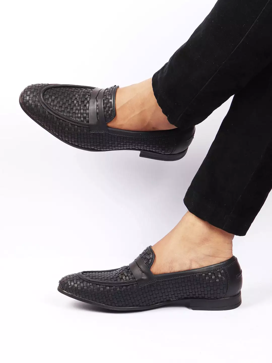 Men Navy Blue Hand Knitted Design Penny Loafer Slip On Shoes