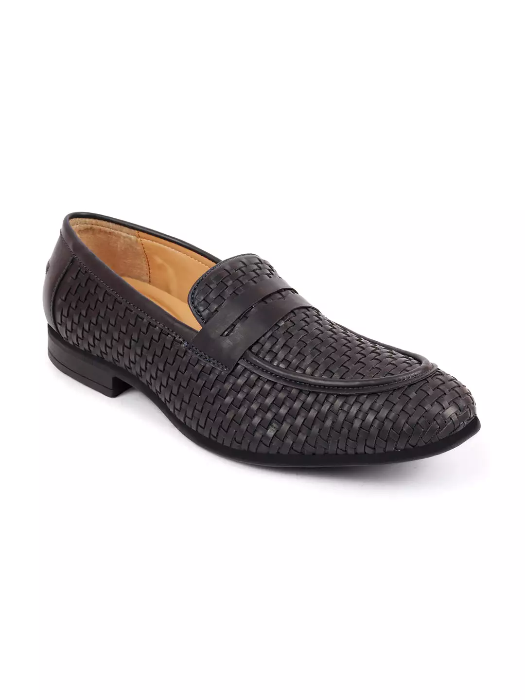 Men Navy Blue Hand Knitted Design Penny Loafer Slip On Shoes