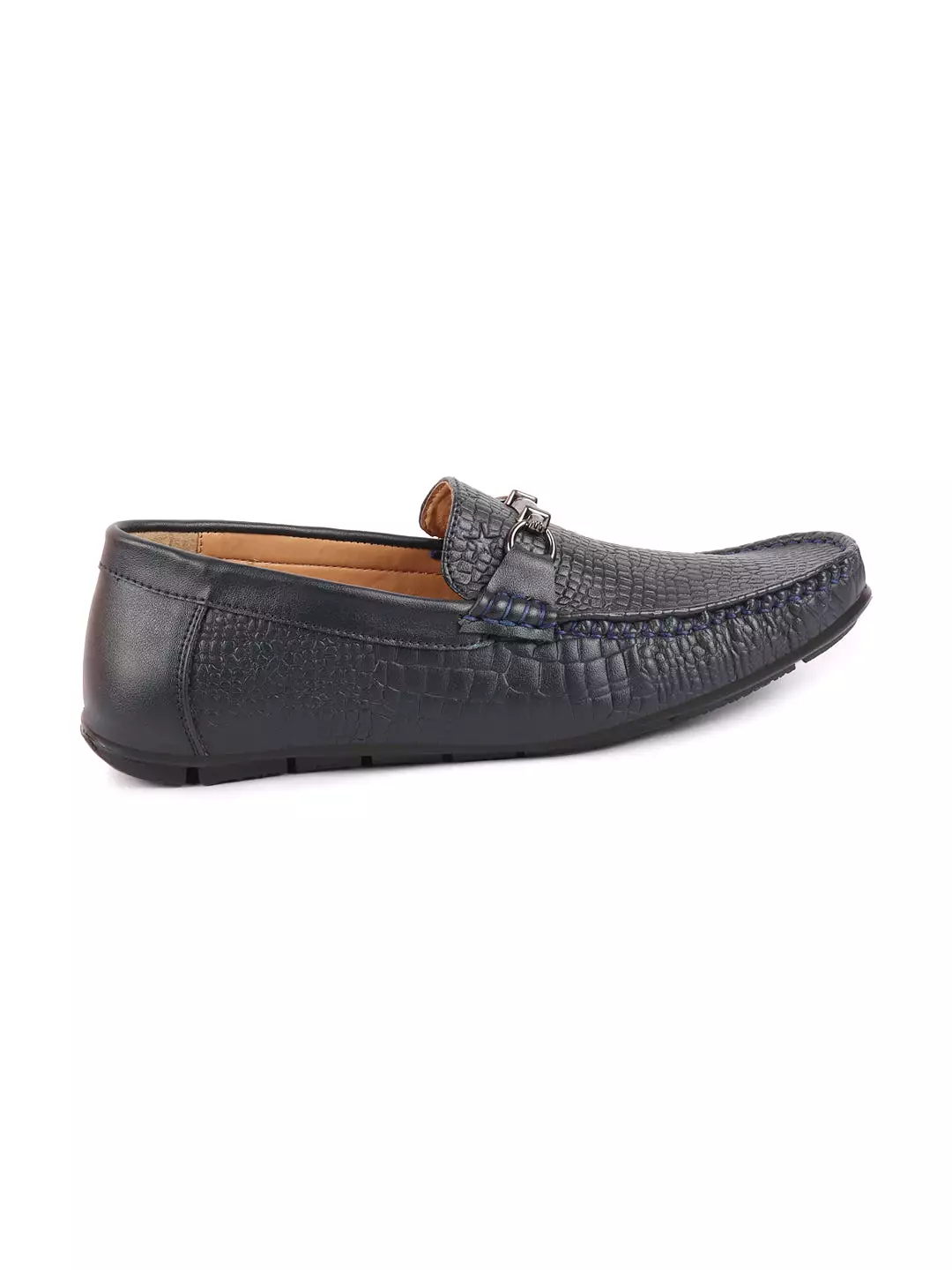 Men Navy Blue Horsebit Buckle Embossed Casual/Dress Loafer Shoes