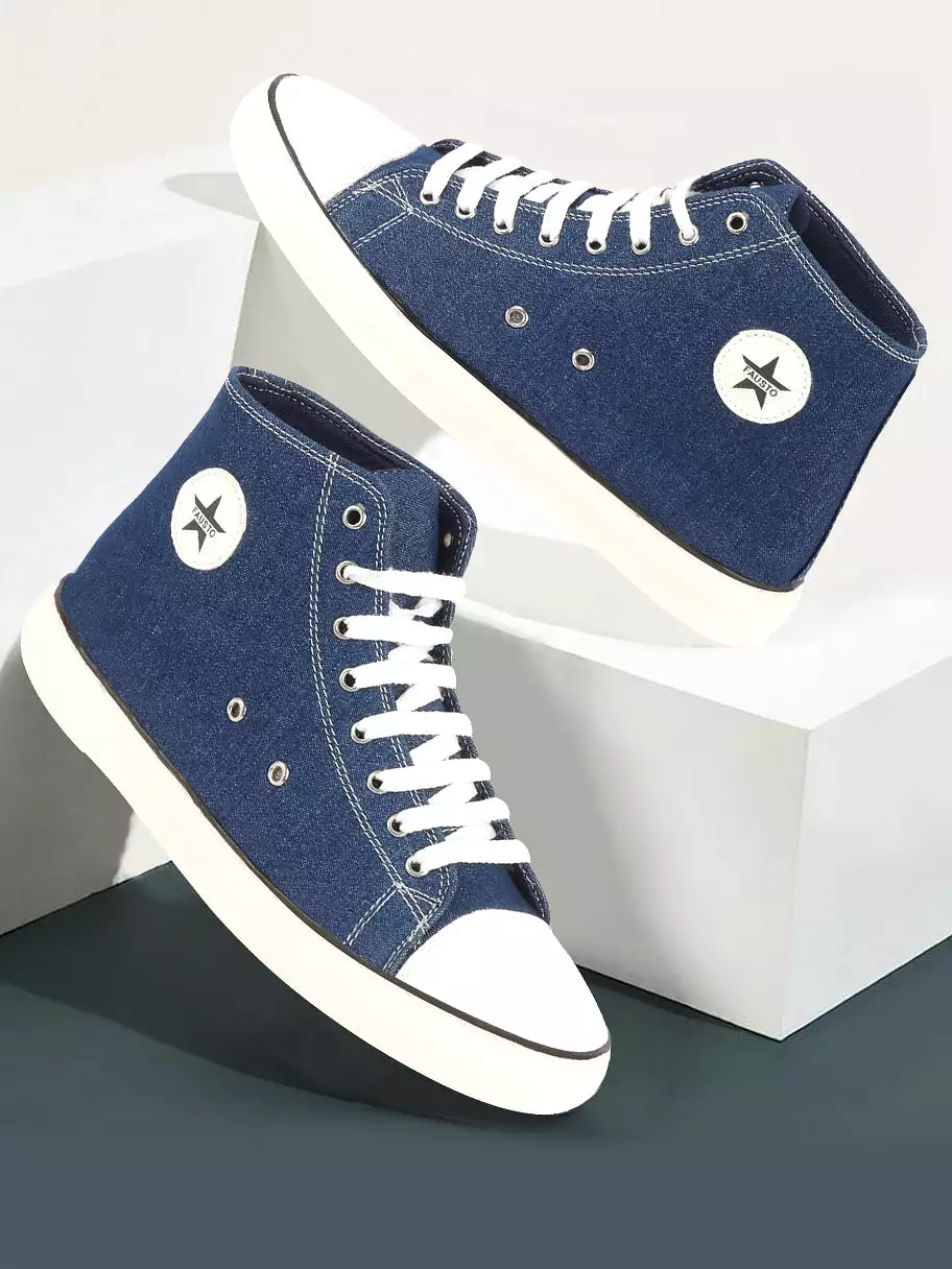 Men Navy Blue Mid Top Star Toe Cap Upper Denim 8-Eye Lace Up Canvas Sneakers Shoes