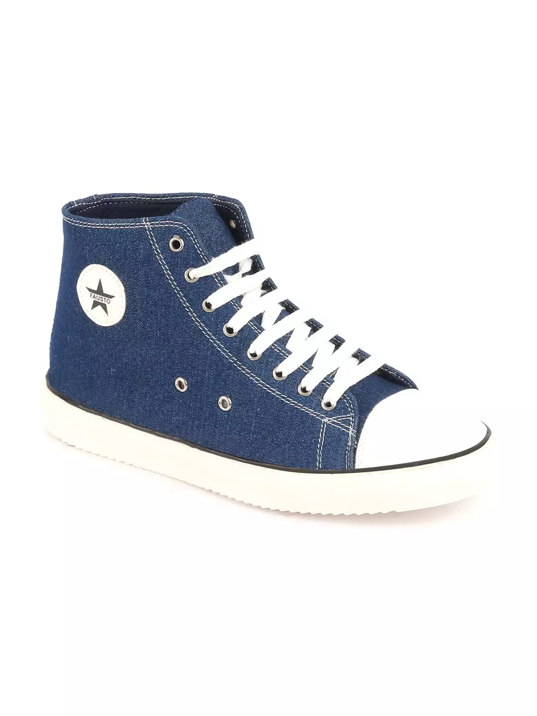 Men Navy Blue Mid Top Star Toe Cap Upper Denim 8-Eye Lace Up Canvas Sneakers Shoes