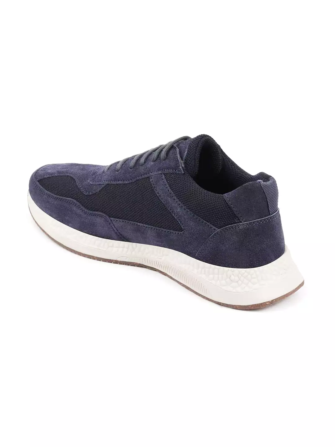 Men Navy Blue Suede Leather Lace Up Casual Sneaker Shoes