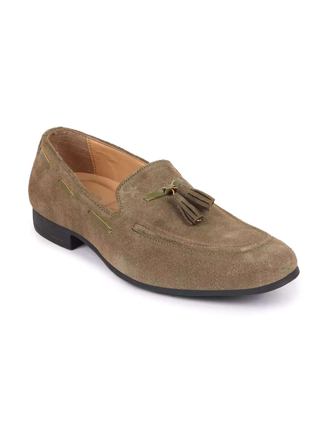 Men Olive Green Suede Leather Casual Tassel Loafer Shoes