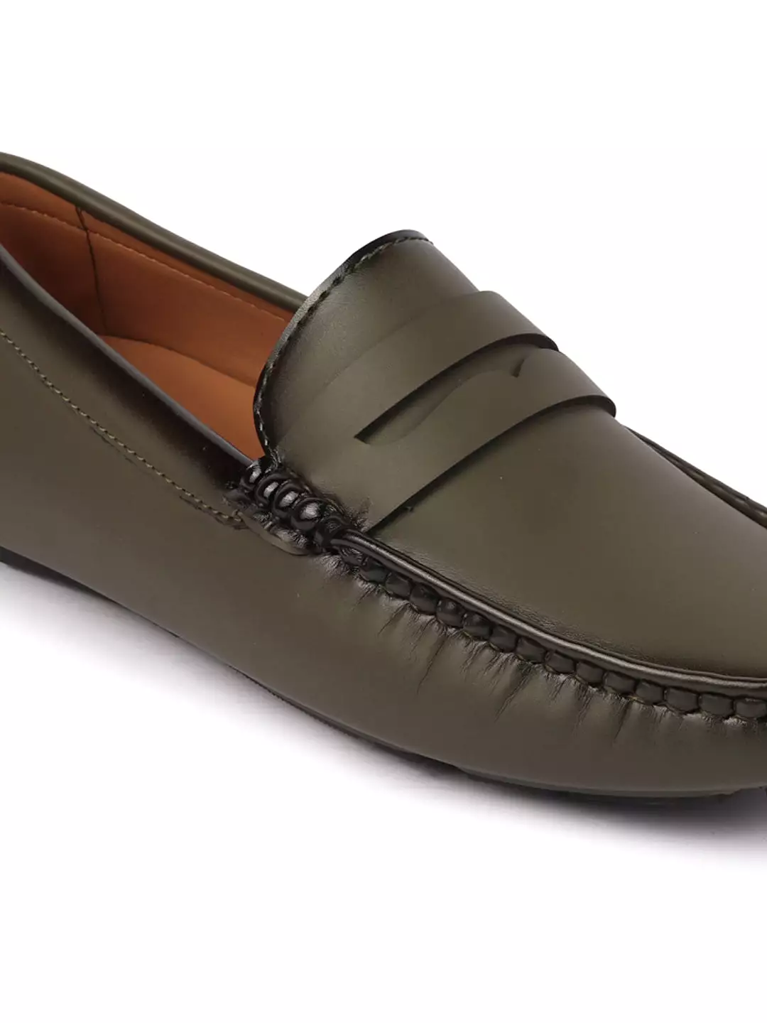 Men Olive Hand Stitched Comfort Loafer and Moccasin Shoes