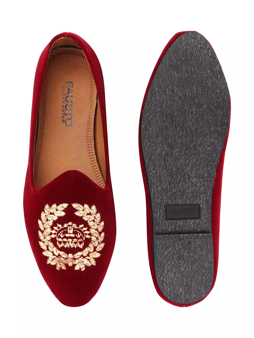 Men Red Velvet Leaf Print Embroidery Slip On Party Loafers