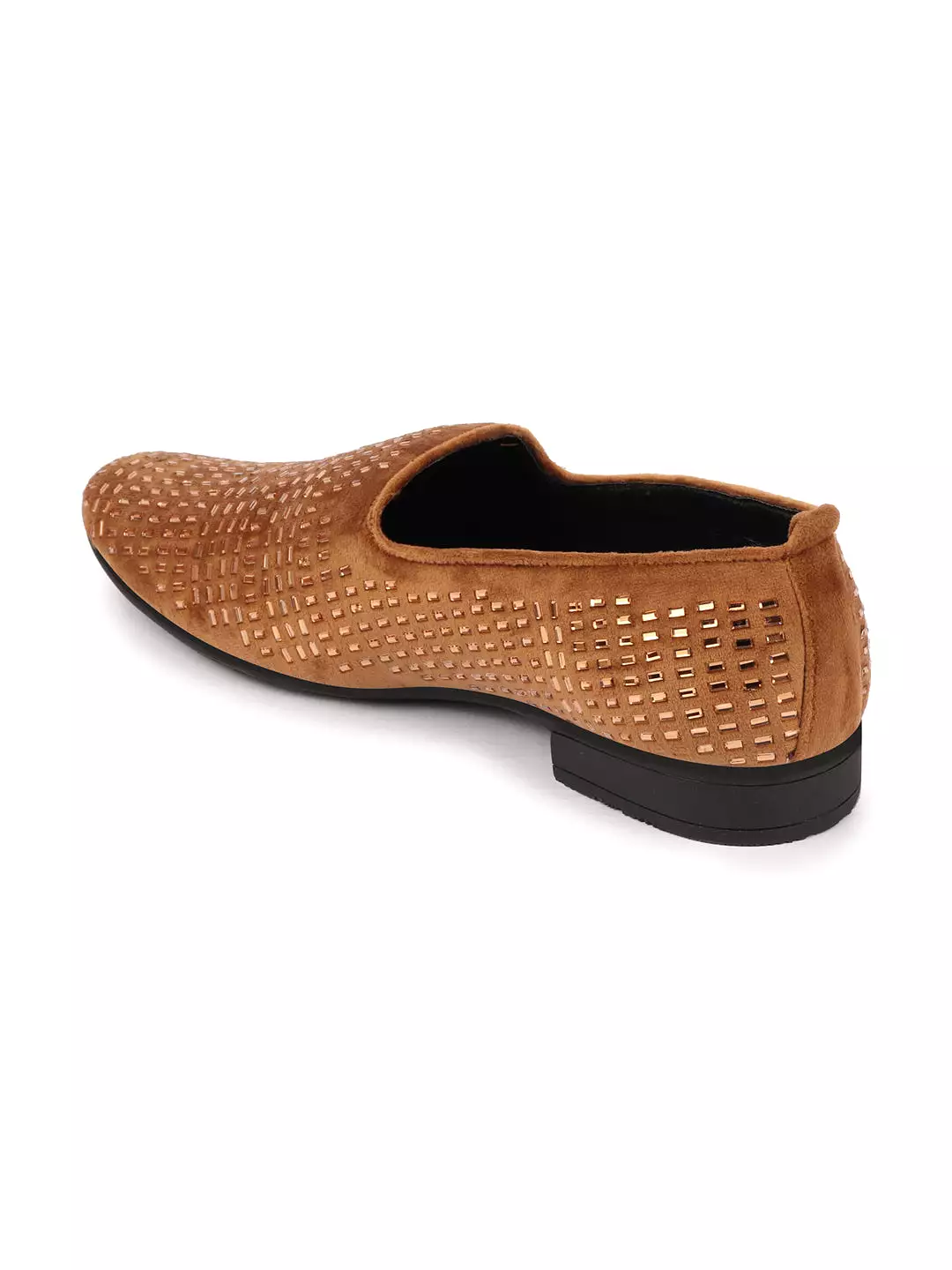 Men Tan Embellished Design Velvet Slip On Party Loafers Shoes