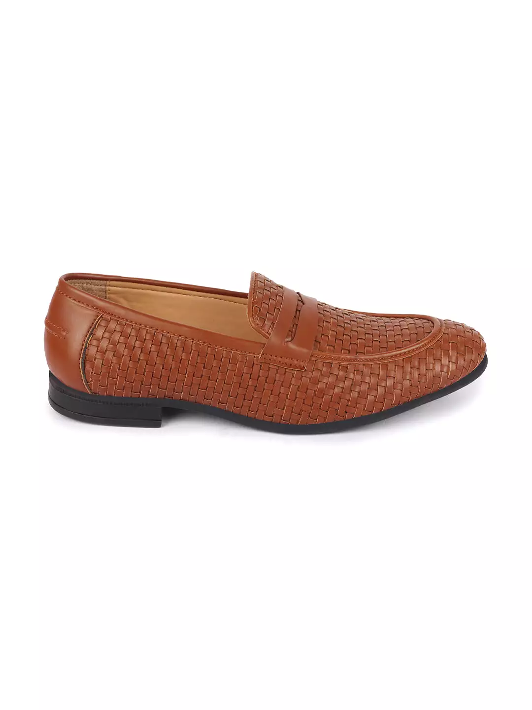 Men Tan Hand Knitted Design Penny Loafer Slip On Shoes