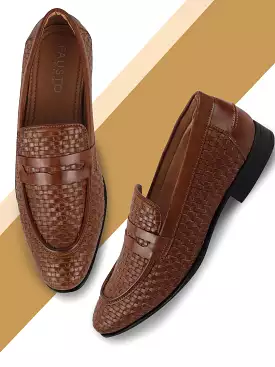 Men Tan Hand Knitted Slip On Penny Loafers