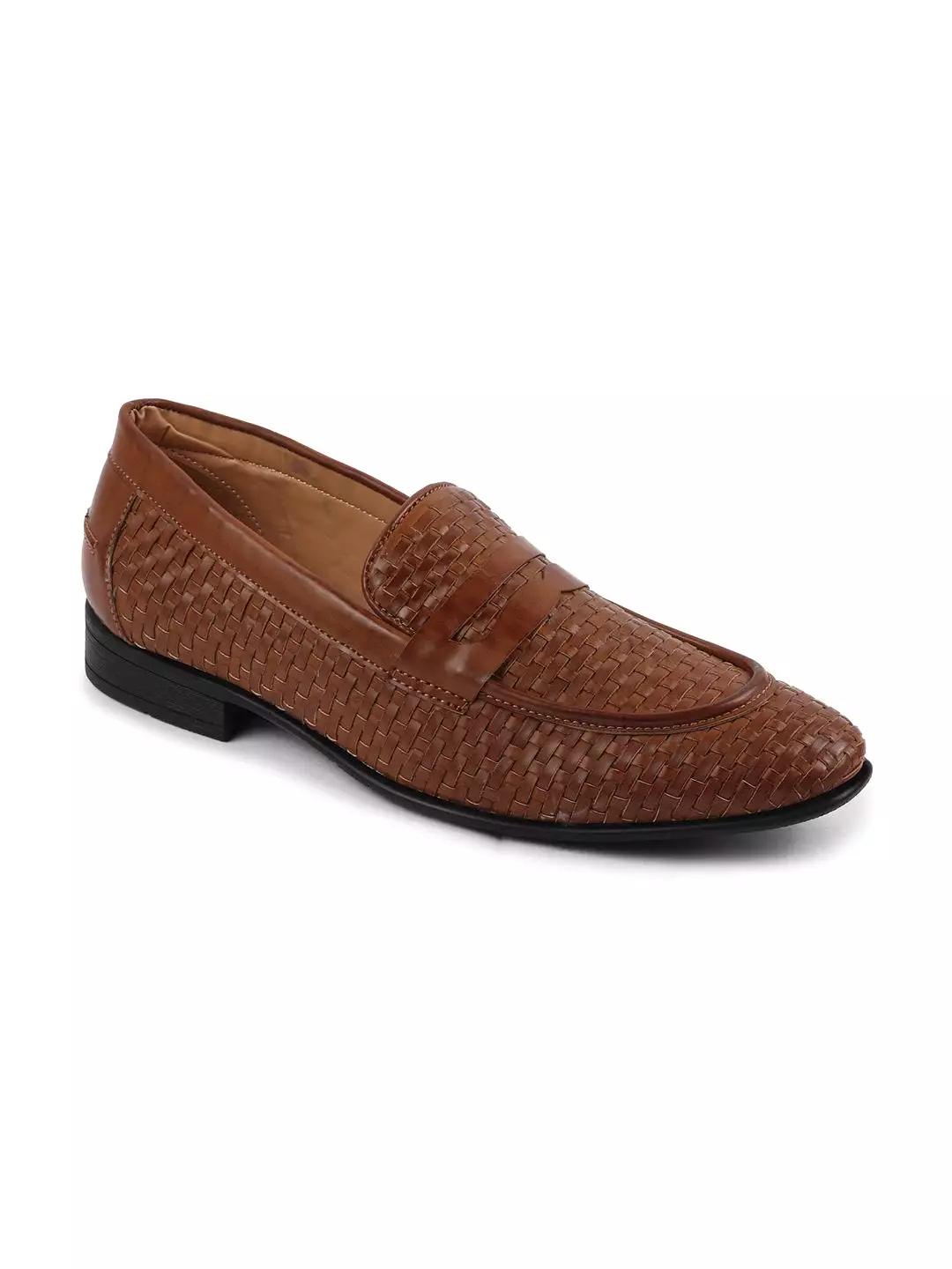 Men Tan Hand Knitted Slip On Penny Loafers