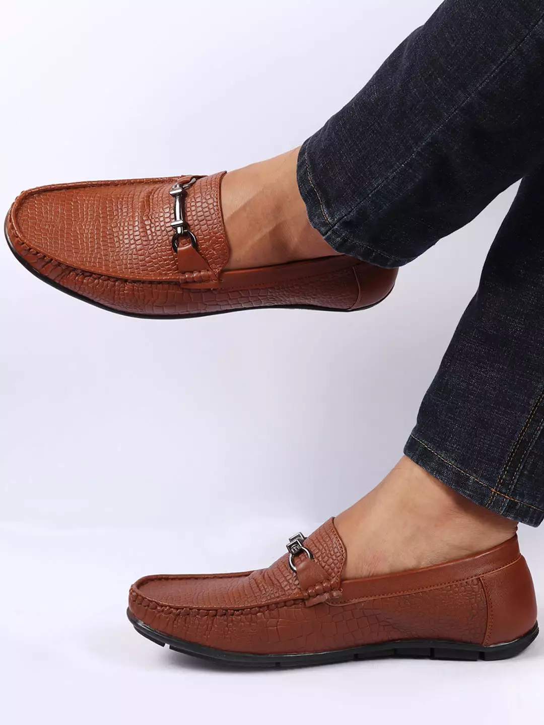 Men Tan Horsebit Buckle Embossed Casual/Dress Loafer Shoes