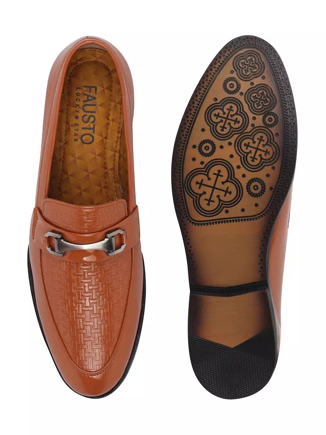 Men Tan Patent Leather Party/Formal Horsebit Slip On Shoes with Textured Details