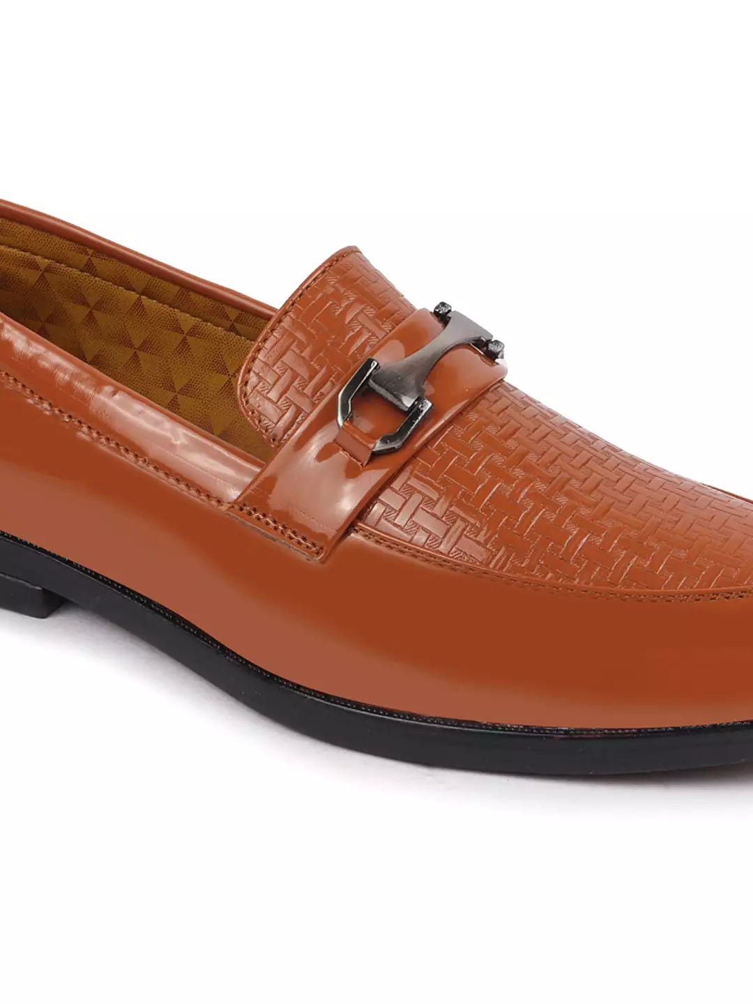 Men Tan Patent Leather Party/Formal Horsebit Slip On Shoes with Textured Details