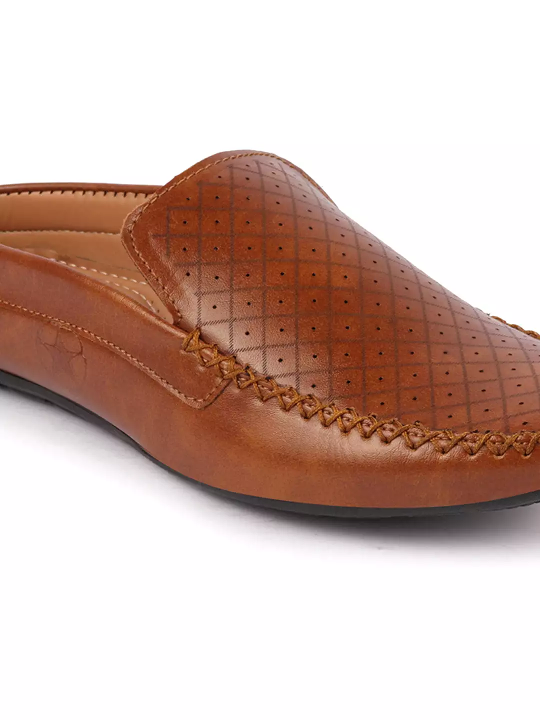 Men Tan Stitched Block Design Pattern Back Open Slip On Loafer Shoes