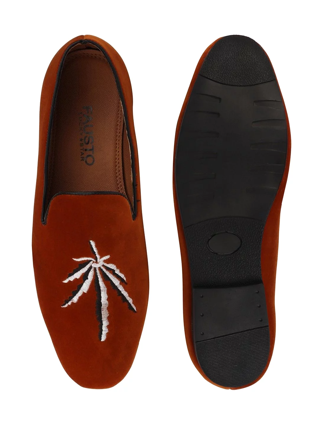 Men Tan Velvet Leaf Print Embroidery Slip On Party Loafers