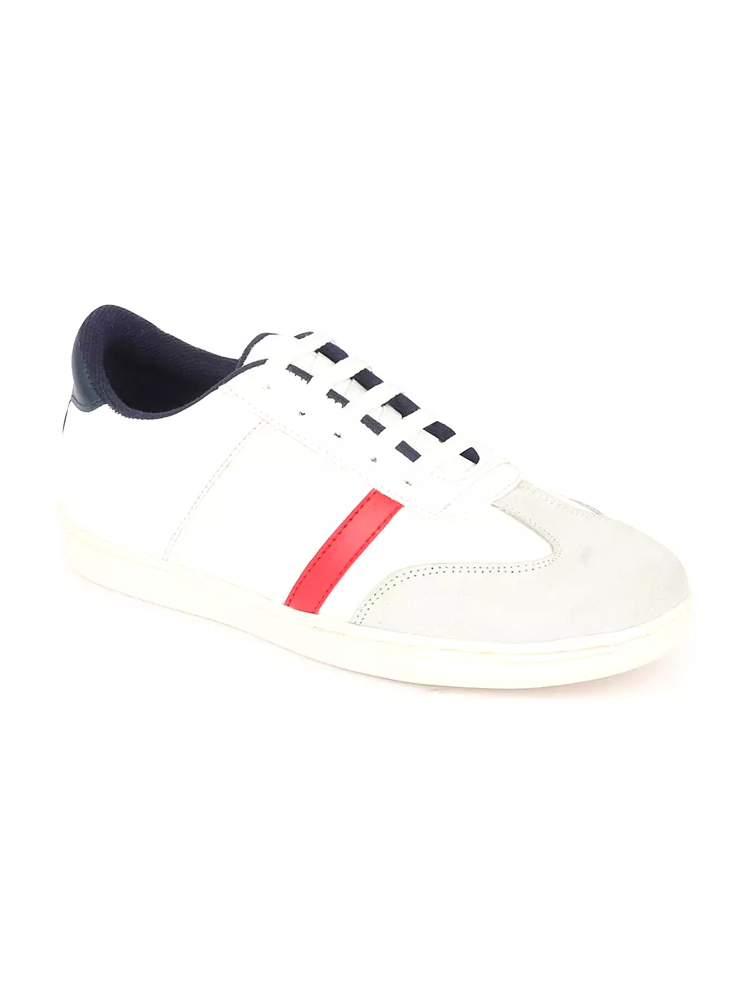 Men White Embellished Strip Breathable Upper PU Suede Leather Lace Up Sneakers Shoes