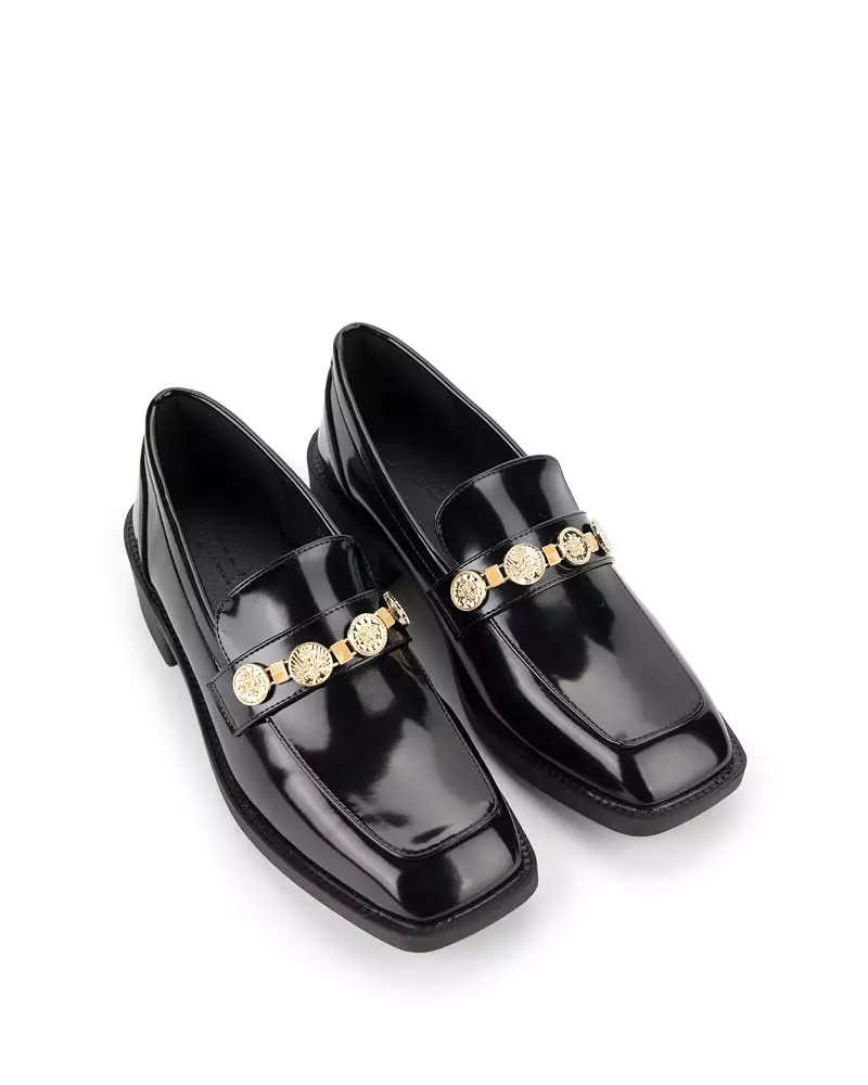 Metal Chain Leather Slip on Penny Mid Heel Loafers