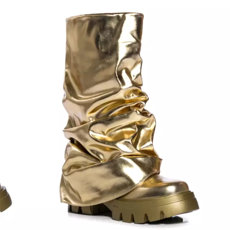 Metallic Boots Mid Calf In Gold Shark Botas Luxury Winter Platform y2k Shoes For Women Free Shipping