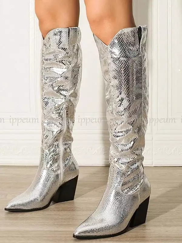 Metallic Silver Women Chelsea Boots Chunky High Heel Pointed Toe Knee High Shoes Western Cowboy Boots