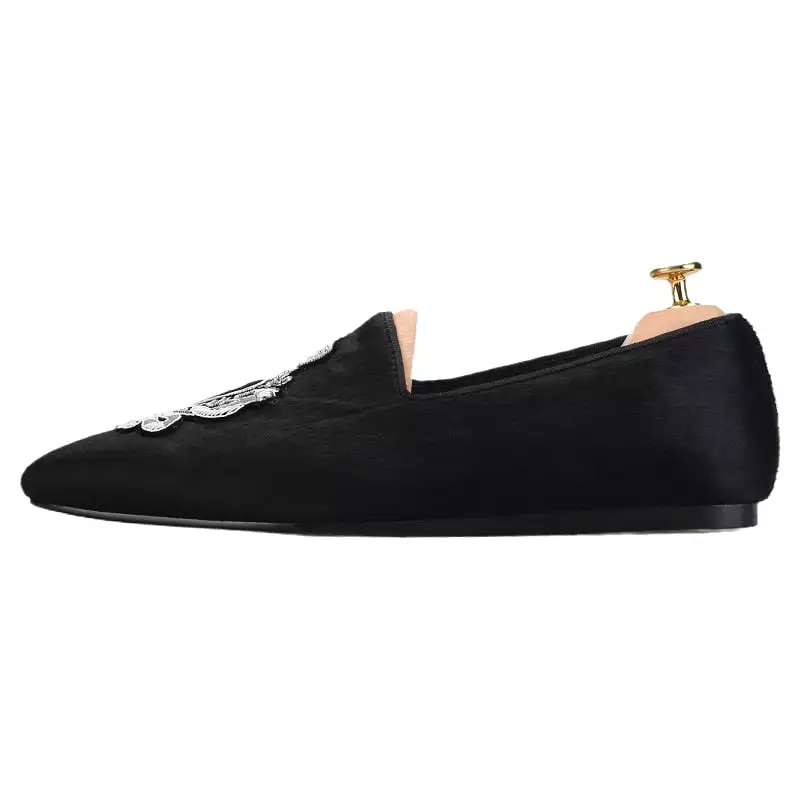 OneDrop Handmade Men Black Horsehair Sliver DG Embroidery Patches Royal Style Slip-On Wedding Prom Banquet Party Loafers