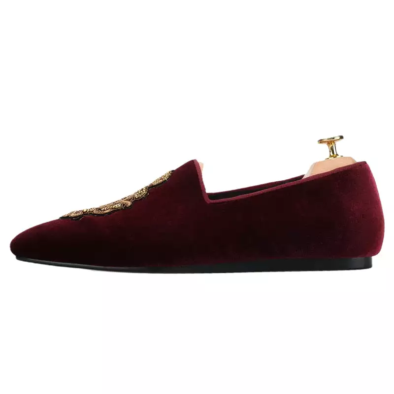 OneDrop Handmade Men Bungundy Velvet Wine Red DG Silk Embroidery Patches Slip-On Wedding Prom Banquet Party Loafers