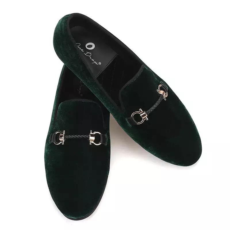 OneDrop Handmade Men Leather Metal Buckle Wedding Party Birthday Prom Smoking Slippers Green Loafers