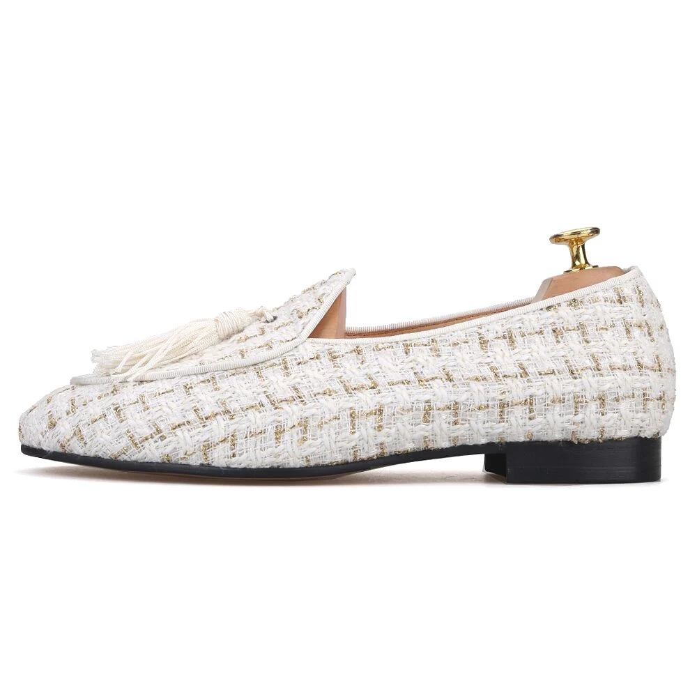 OneDrop Handmade Men White Mix Gold Knit Fabric Tassel Party Wedding Prom Loafers