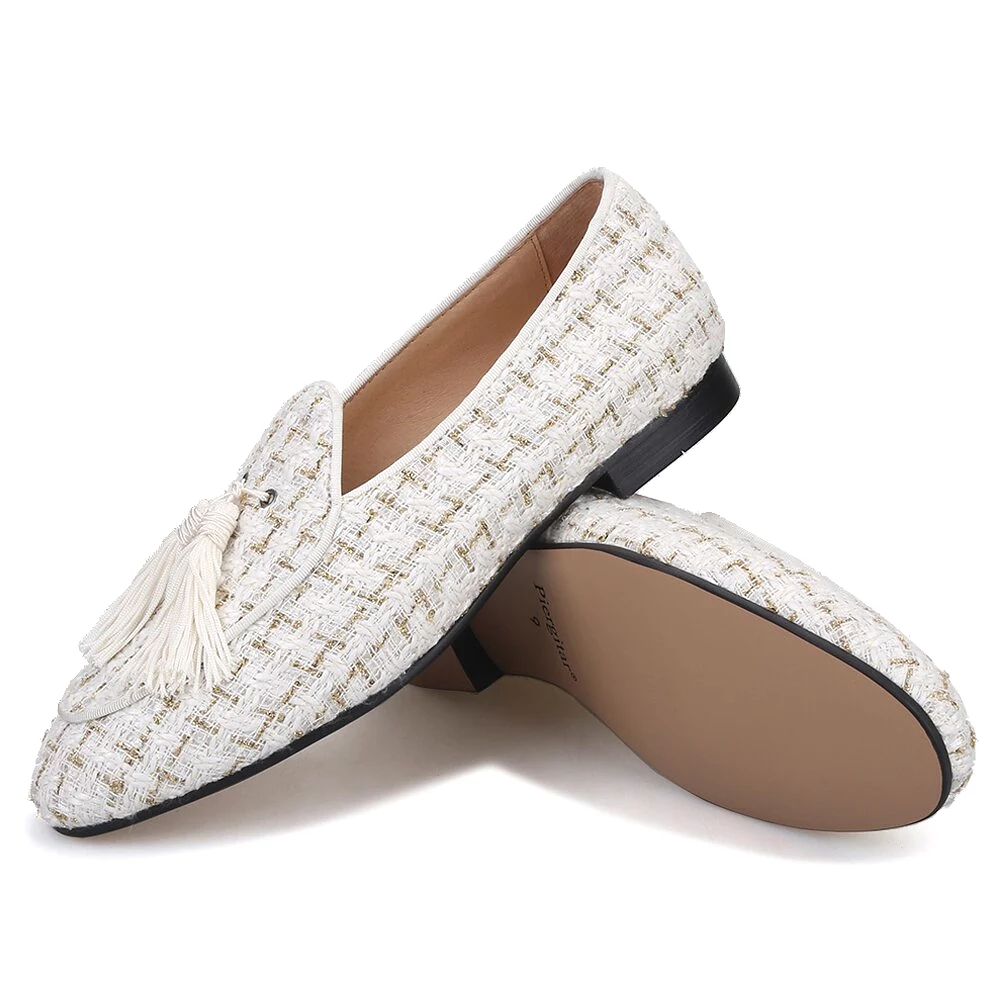 OneDrop Handmade Men White Mix Gold Knit Fabric Tassel Party Wedding Prom Loafers