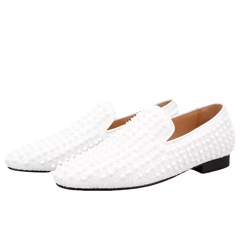 OneDrop Handmade White Spikes Men Slip-On Smoking Slippers Red Outsole Party Wedding Birthday Prom Loafers