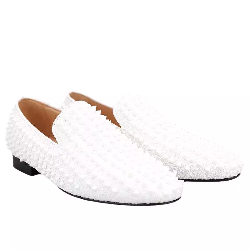 OneDrop Handmade White Spikes Men Slip-On Smoking Slippers Red Outsole Party Wedding Birthday Prom Loafers