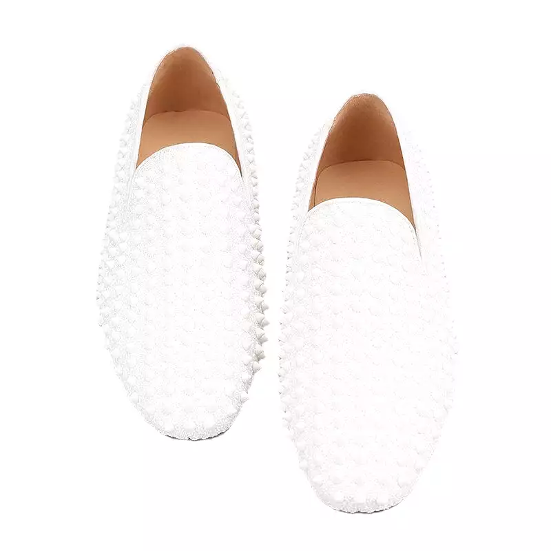 OneDrop Handmade White Spikes Men Slip-On Smoking Slippers Red Outsole Party Wedding Birthday Prom Loafers