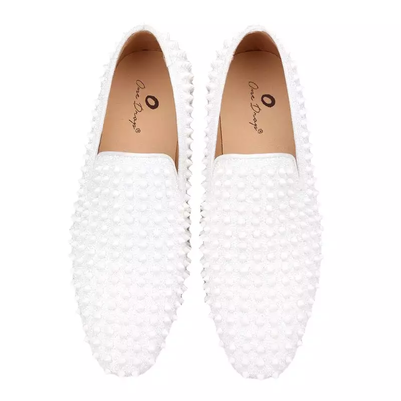 OneDrop Handmade White Spikes Men Slip-On Smoking Slippers Red Outsole Party Wedding Birthday Prom Loafers