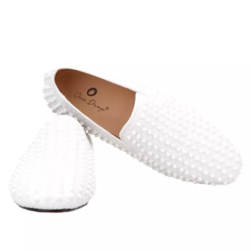 OneDrop Handmade White Spikes Men Slip-On Smoking Slippers Red Outsole Party Wedding Birthday Prom Loafers