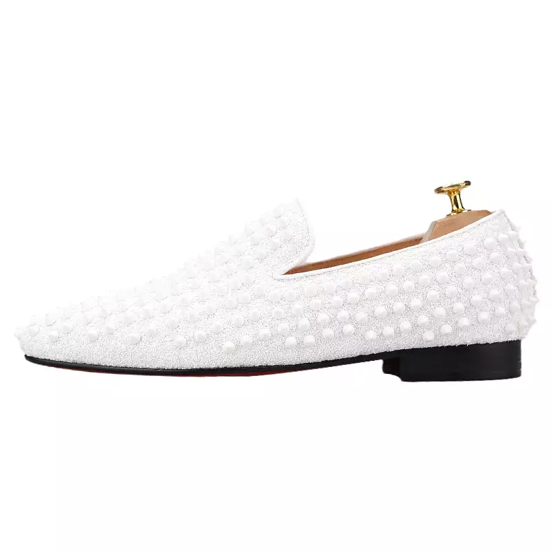 OneDrop Handmade White Spikes Men Slip-On Smoking Slippers Red Outsole Party Wedding Birthday Prom Loafers