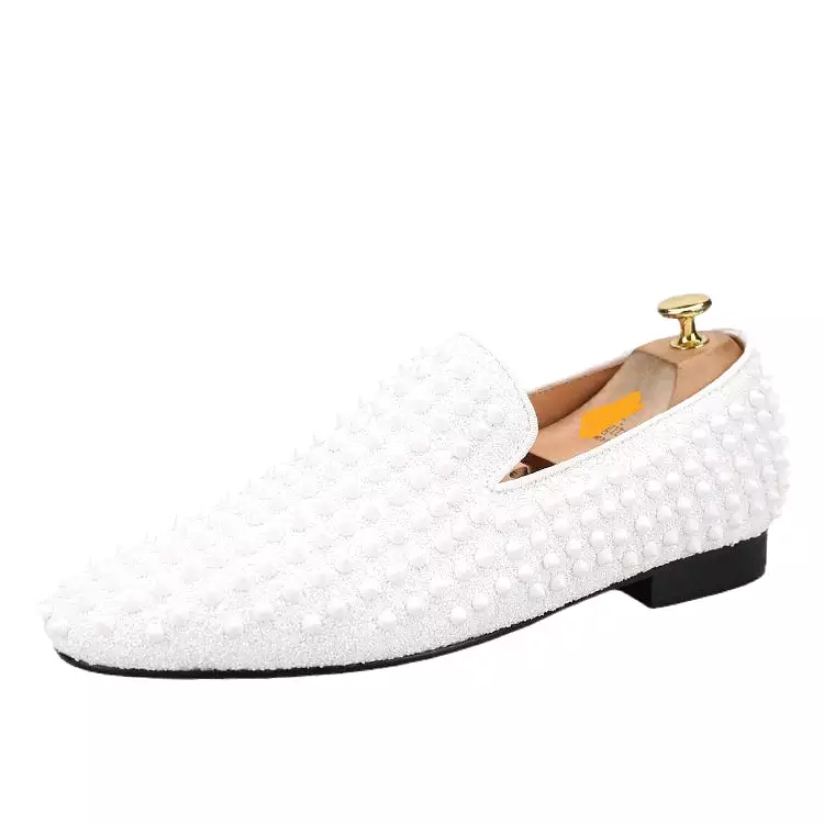 OneDrop Handmade White Spikes Men Slip-On Smoking Slippers Red Outsole Party Wedding Birthday Prom Loafers