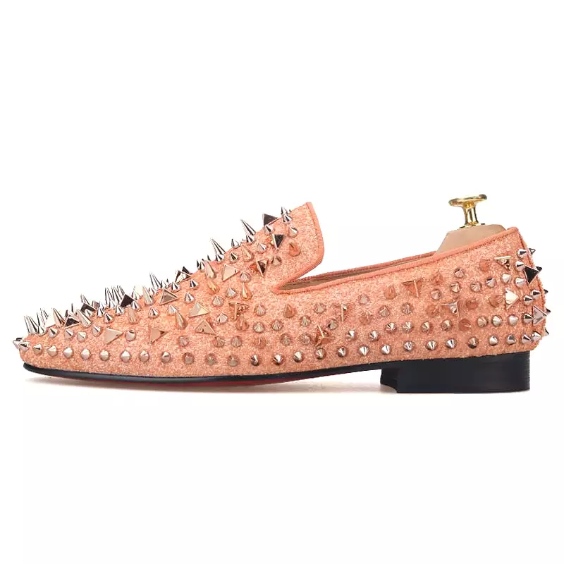 OneDrop Men Handmade Gold Spikes Red Bottom Party Wedding Banquet Prom Orange Loafers