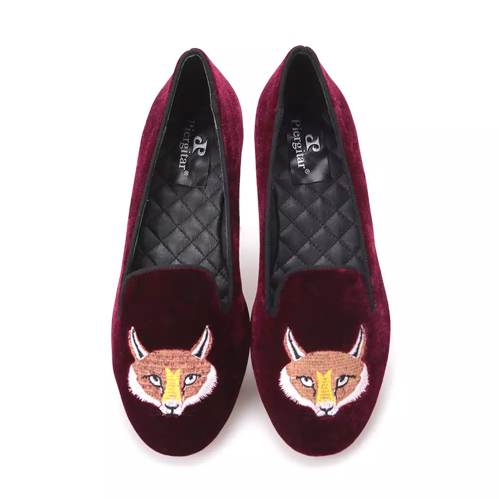 OneDrop Women Velvet Embroidered Fox Pattern Party Wedding Prom Loafers