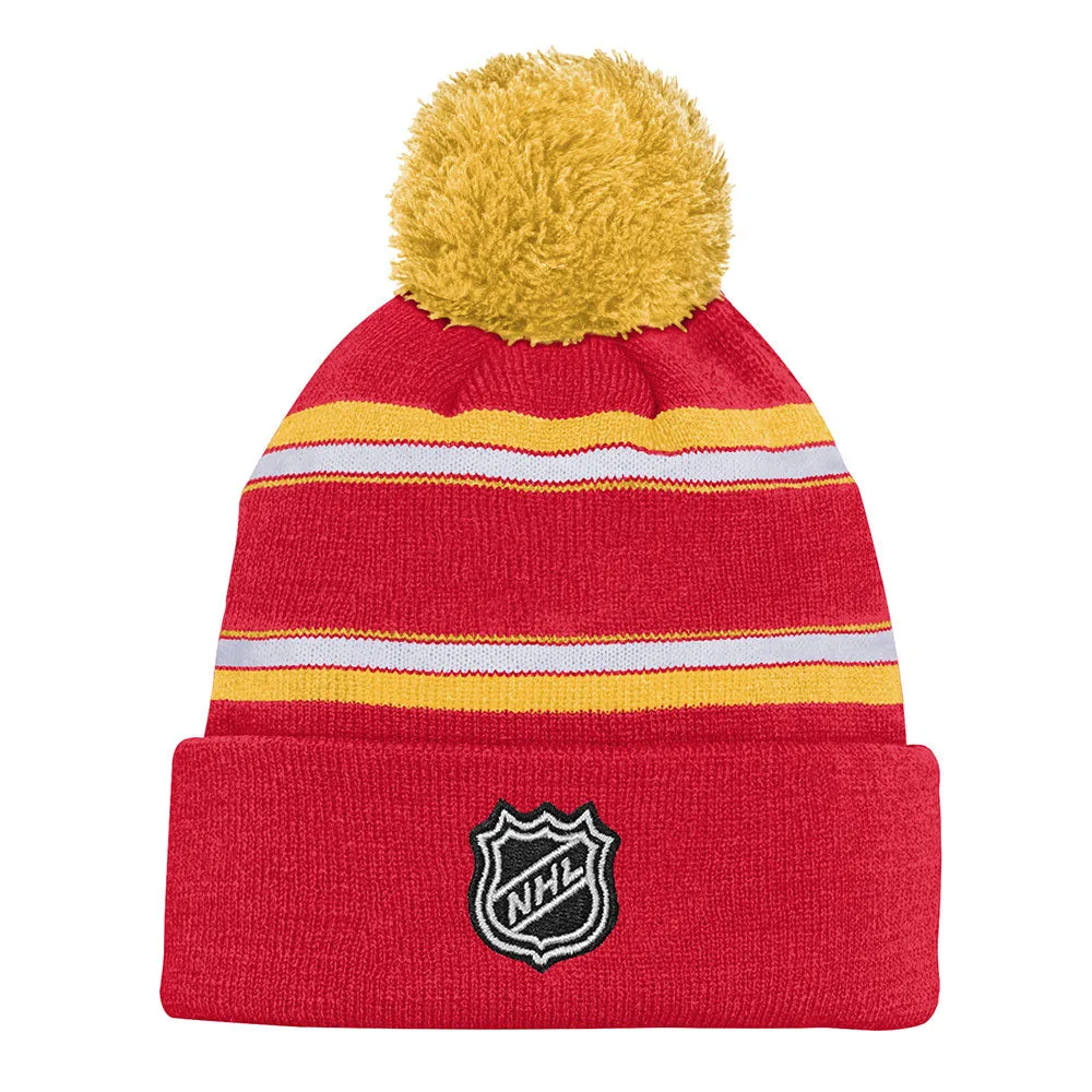 OUTERSTUFF CALGARY FLAMES YOUTH JACQUARD CUFFED KNIT WITH POM TOQUE